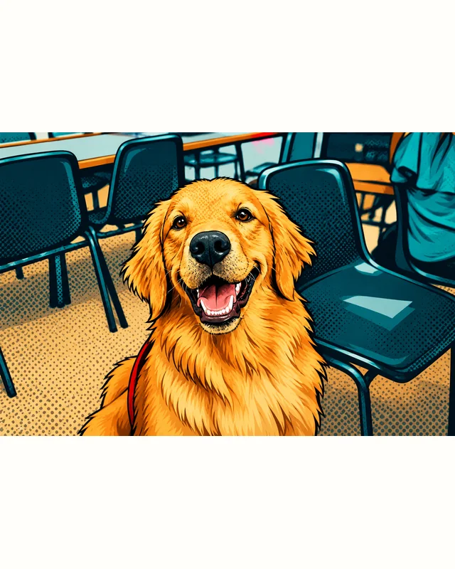 Golden retriever stock photograph transformed into a comic-book cartoon